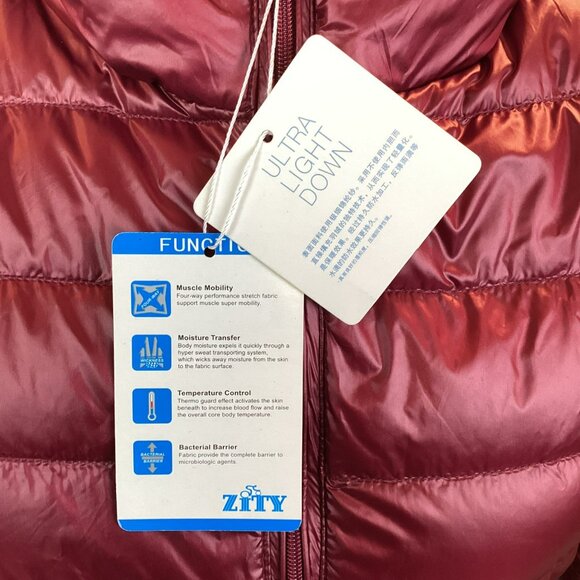 Zity Sports Hooded Womens Large Ultra-Light Down Puffer Jacket Burgundy Nylon - Picture 11 of 13